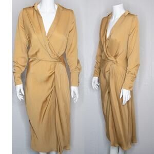SAINT MOJAVI MAHARAJA Silk Tan Champagne Long Sleeve Faux Wrap Midi Dress MEDIUM